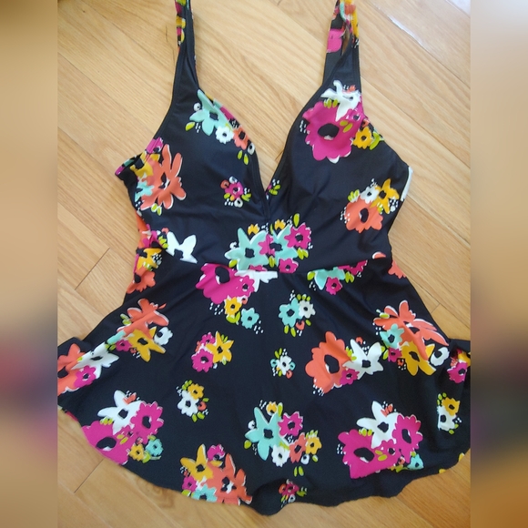 NWOT Anne Cole Black / Multi Floral Island Bloom Plunge Swim Dress – Size 12 - Picture 5 of 8